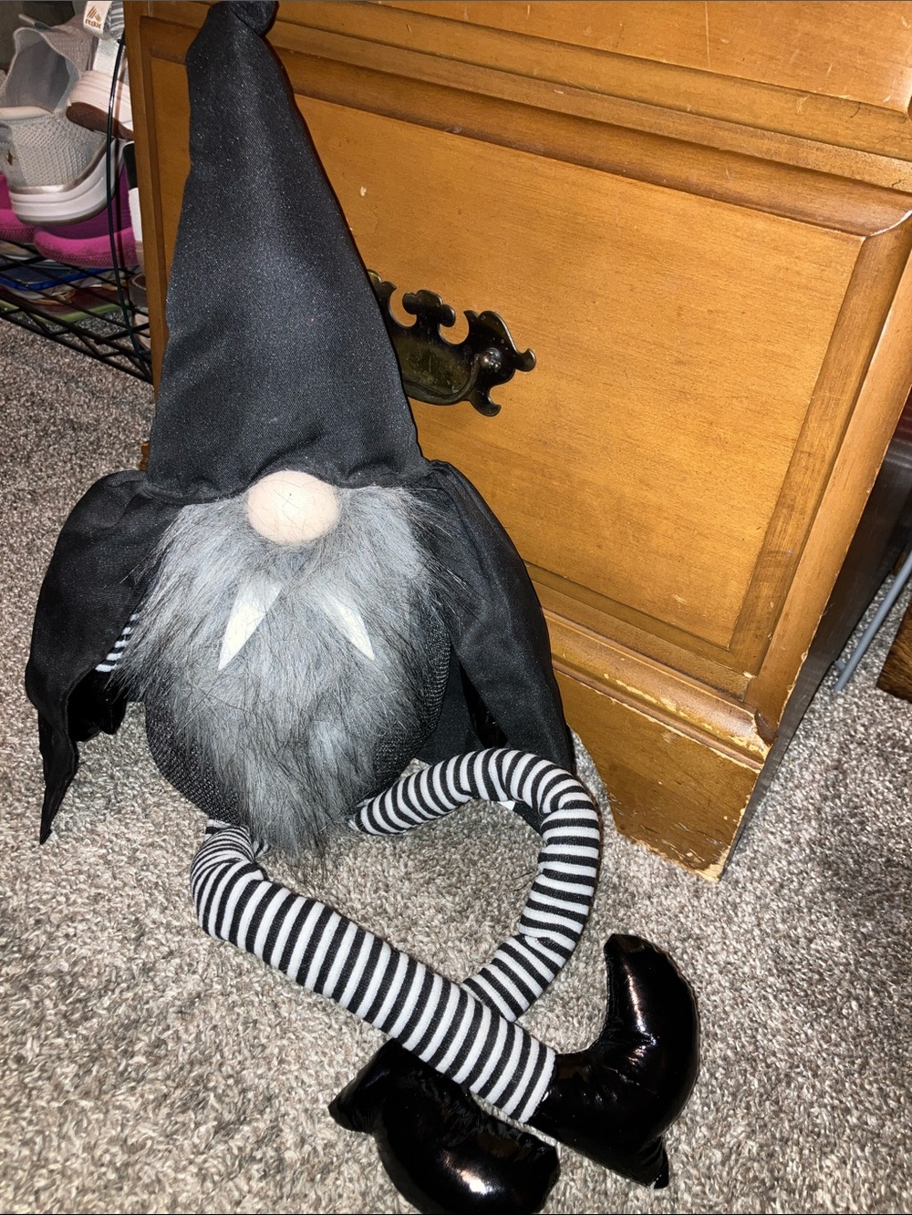 Halloween Black Gnome Holiday Plush with Gray Beard and Striped Legs